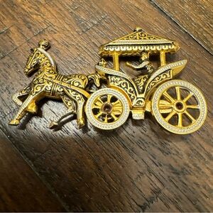 Vintage Damascene Gold Ornate Horse and Carriage brooch‎ - Spain.